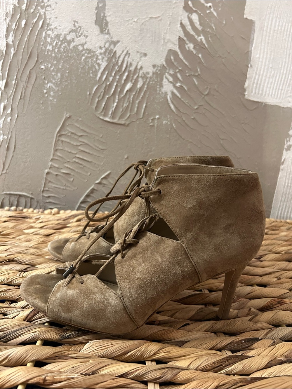Via Spiga Suede Lace-Up Peep-Toe Heels - Taupe in Size 6.5